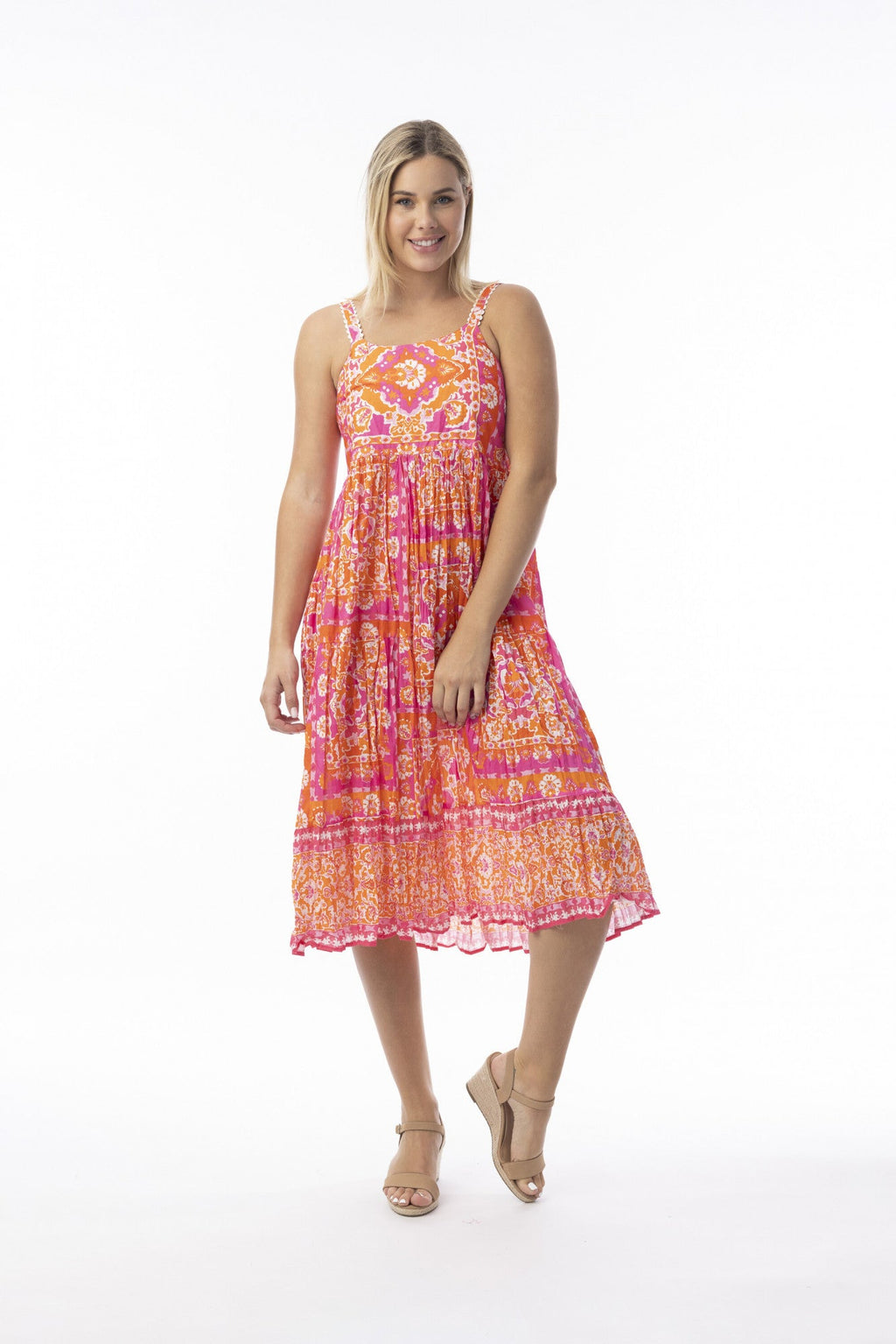 Orientique Montevideo Pink & Orange Dress With Pockets & Adjustable Straps (please check measurements)