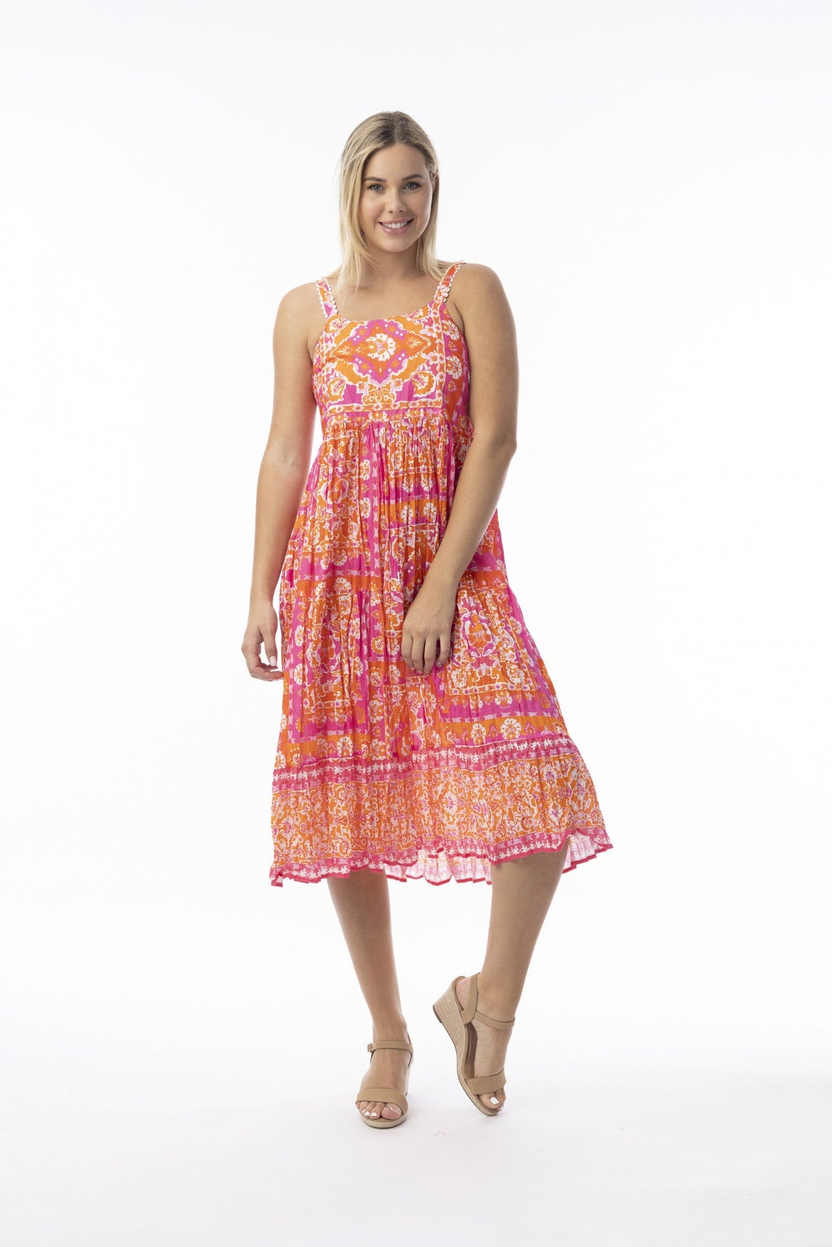 Orientique Montevideo Pink & Orange Dress With Pockets & Adjustable Straps (please check measurements)