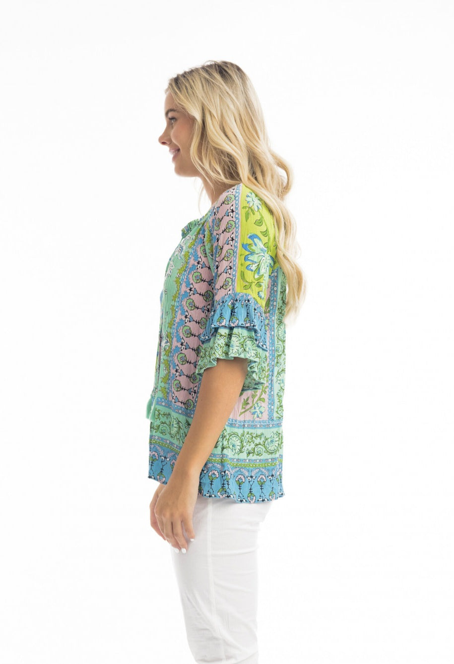 Orientique Loose Fit Top Jaipur Borders Boho Frill Sleeve