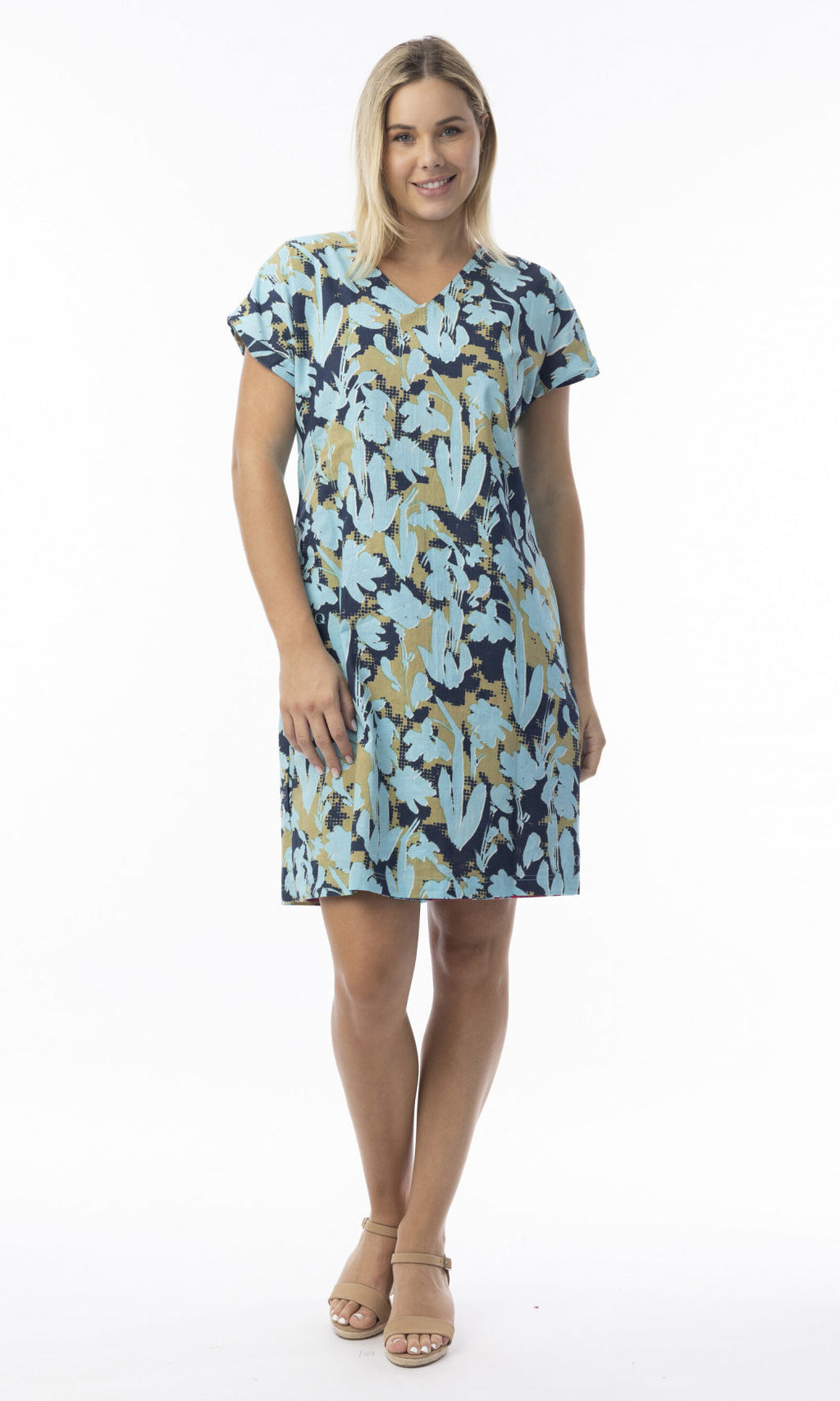 Orientique Ikebana Reversible Short Sleeve Dress With Pockets (please check measurements)