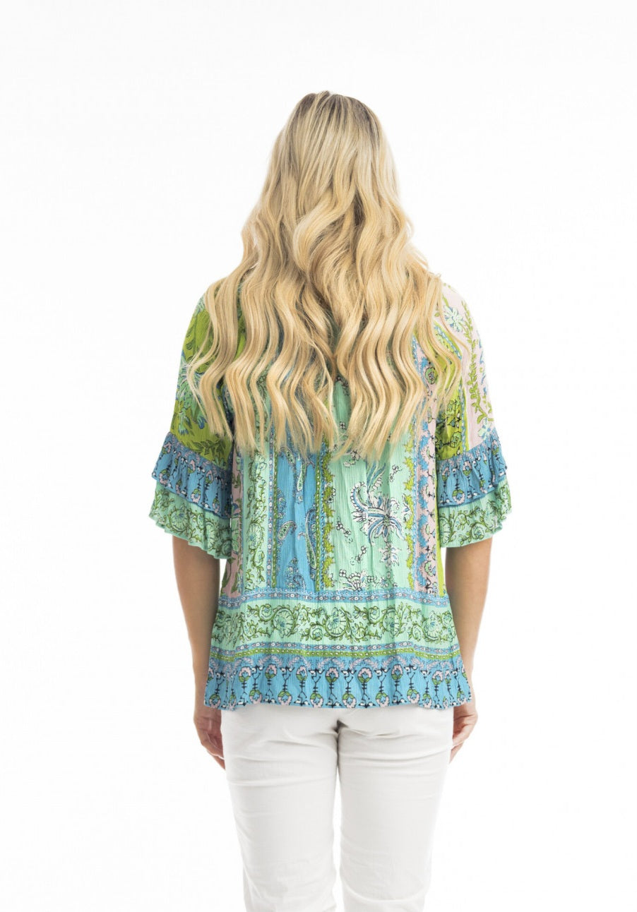 Orientique Loose Fit Top Jaipur Borders Boho Frill Sleeve