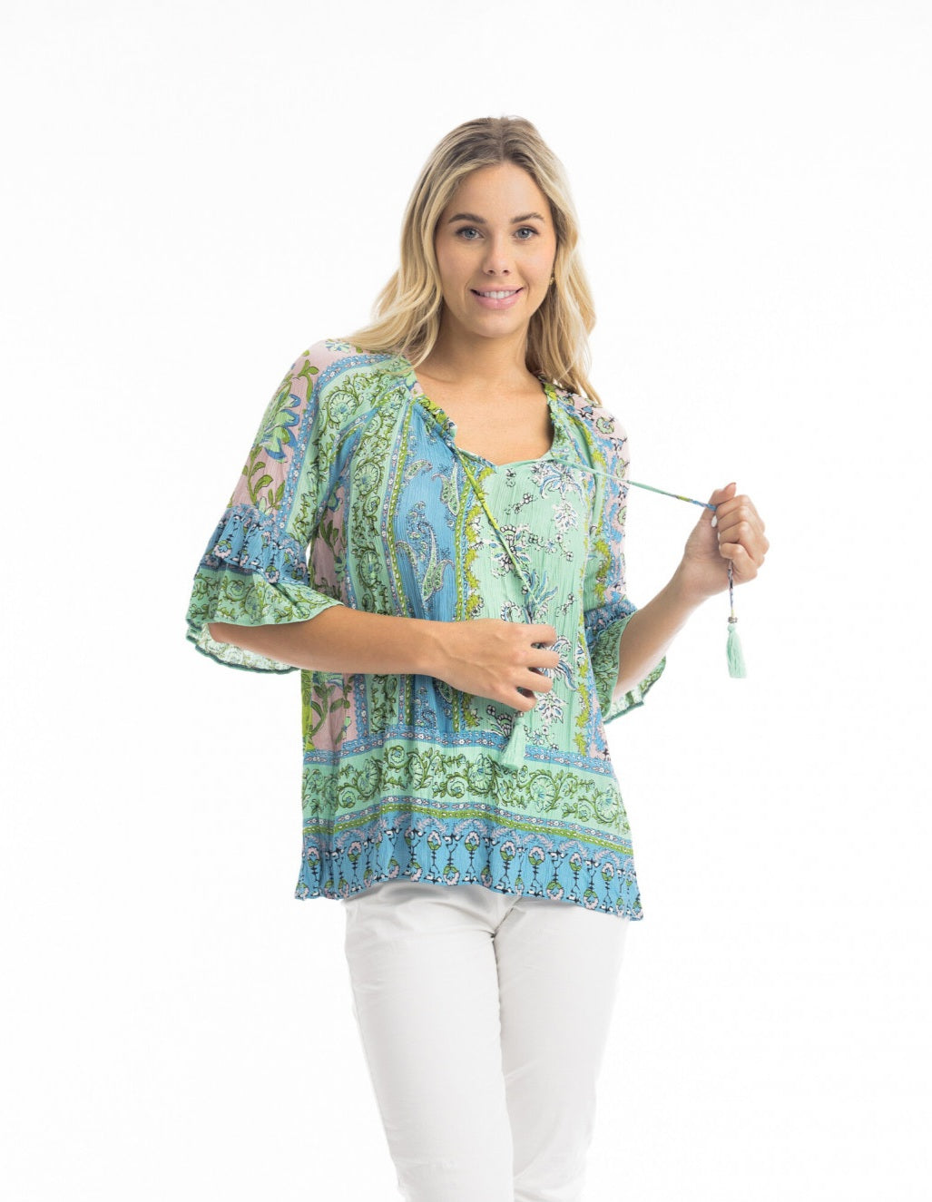 Orientique Loose Fit Top Jaipur Borders Boho Frill Sleeve